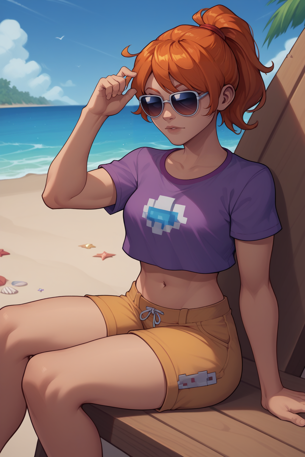 score_9, score_8_up BREAK <lora:NSMechanicTerraria:1> NSMechanicTerraria, orange hair, ponytail, medium hair, purple shirt, midriff, cropped shirt, short sleeves, khaki shorts, beach, sitting, sunglasses