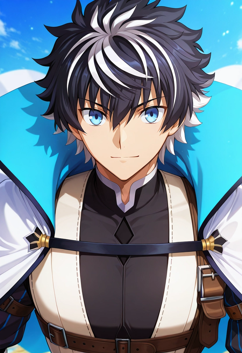 masterpiece, best quality, intricate details, anime screencap, anime coloring, official style, looking at viewer, 1boy, solo, male focus, <lora:charlemagne_fate_ilxl:0.98>, charlemagne_fate, black hair, blue eyes, multicolored hair, white hair, two-tone hair, short hair, hair between eyes, bangs, streaked hair, cape, , Denim Gingham BubblegumPink Cargo joggers, Dress vest, , ,