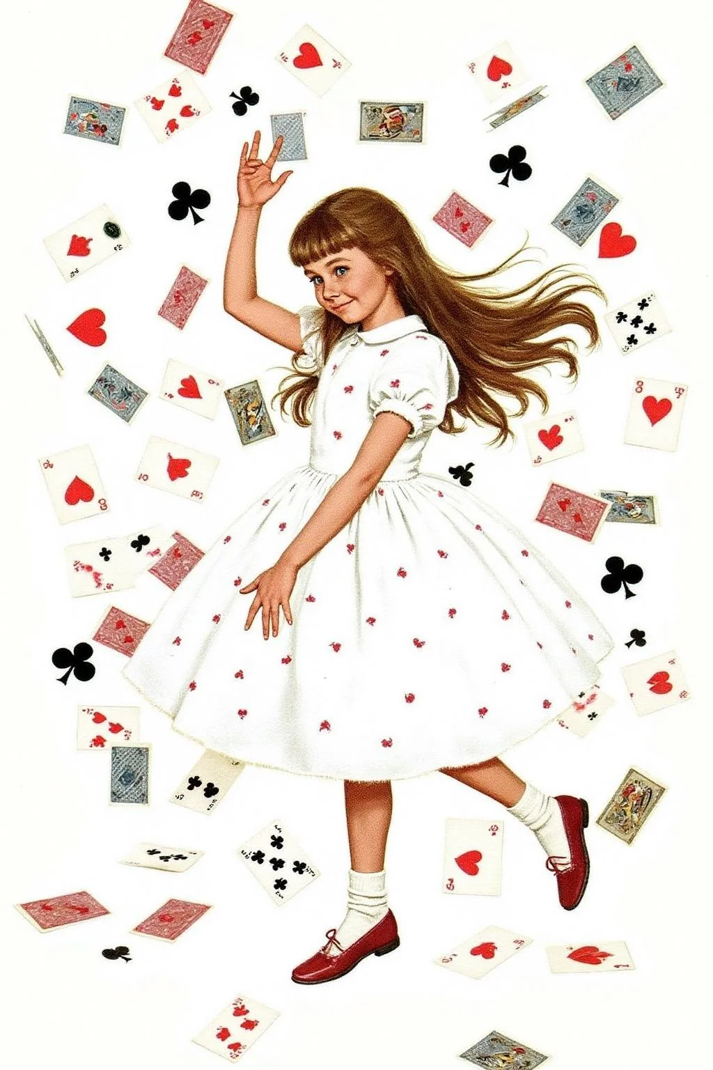 kard1 illustration.
A scene from "Alice's Adventures in Wonderland." The central figure is a young girl, Alice, with long, flowing brown hair, wearing a white dress adorned with small red flowers. She appears to be in mid-motion, as suggested by her raised arms and the scattered playing cards flying around her. The cards are a mix of hearts, diamonds, clubs, and spades, which are depicted in a chaotic, swirling pattern around her, adding to the sense of disarray and wonder. <lora:kard1_cap_d6a3:1.0><lora:816587559447622686:0>