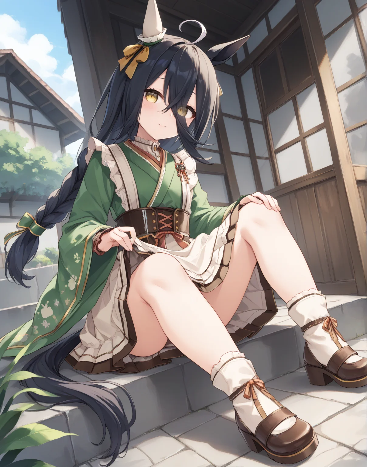 score_9, score_8_up, score_7_up, official art, masterpiece, high quality, megami magazine, official style, game cg, 1girl, (looking at viewer:1.4), (closed mouth:1.0), full body, cold, , Sitting with hands holding onto an invisible rail, from behind, from below, ,
manhattan cafe (umamusume), ahoge, animal ears, black hair, highres, tail, horse tail, horse ears, horse girl, long hair, multicolored hair, hair between eyes, yellow eyes, shirt, skirt,
mht verdant night, manhattan cafe (verdant night) (umamusume), corset, brown corset, ear covers, single ear cover, kimono, green kimono, frilled kimono, japanese clothes, long bangs, long sleeves, maid, wa maid, official alternate costume, official alternate hairstyle, apron, waist apron, white shirt, wide sleeves, brown skirt, pleated skirt, bow, braid, single braid, braided ponytail, ear ribbon, green bow, hair bow, ribbon, yellow ribbon, frilled apron, frills, paw print, eyelashes, low-tied long hair, green ribbon, hair ribbon, , <lora:umamusume_manhattan_cafe_verdant_night_pony_v1:1>,,