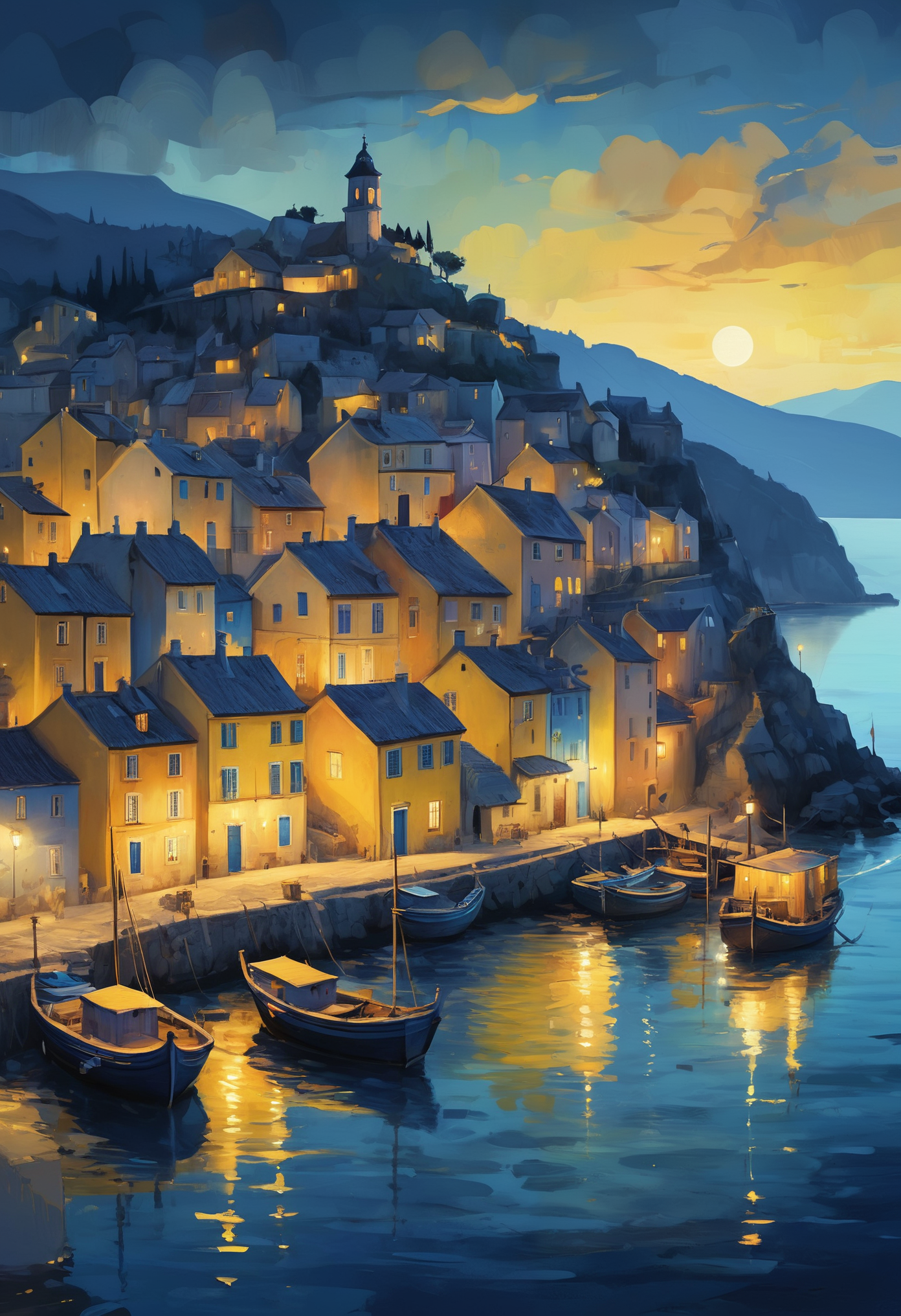 Key art, stylistic illustration, pastel colors, a port village at night, blue and yellow hues, painterly, idyllic, masterpiece, 8k, hdr