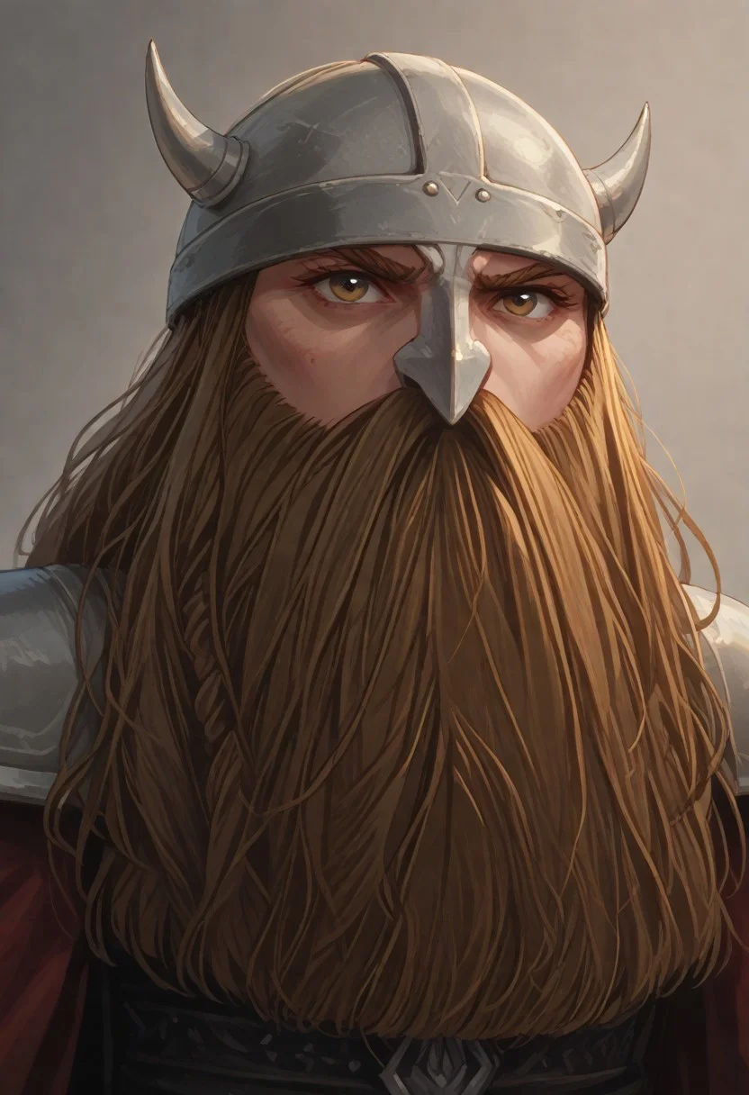 score_9, score_8_up, score_7_up, portrait, quarter view, looking left, NHstyle, 1man, EisenFrieren, Dwarf, big nose, grumpy, angry, wrinkles, rugged, middle aged, brown eyes, beard, huge beard, long beard, viking helmet, metal visor, helmet covering face, horned helmet, shoulder armor, piercing, armor, simple background:1.4