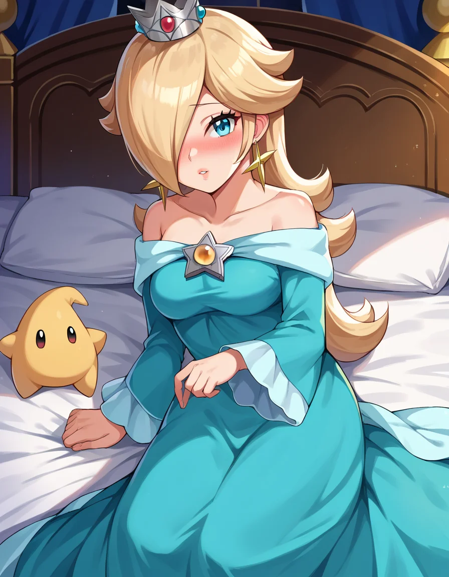 score_9, score_8_up, score_7_up, source_anime,
rosalina, <lora:princess-rosalina-ponyxl-lora-nochekaiser:1>,
rosalina, blonde hair, blue eyes, hair over one eye, long hair,
blue dress, crown, dress, earrings, jewelry, princess, robe, star earrings,
indoors, bed, bed room, on side, blush, drunk,
looking at viewer, dutch angle, cowboy shot,