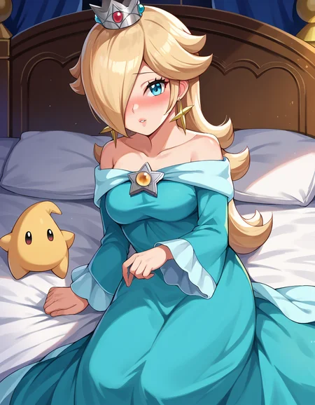 score_9, score_8_up, score_7_up, source_anime,
rosalina, <lora:princess-rosalina-ponyxl-lora-nochekaiser:1>,
rosalina, blonde hair, blue eyes, hair over one eye, long hair,
blue dress, crown, dress, earrings, jewelry, princess, robe, star earrings,
indoors, bed, bed room, on side, blush, drunk,
looking at viewer, dutch angle, cowboy shot,