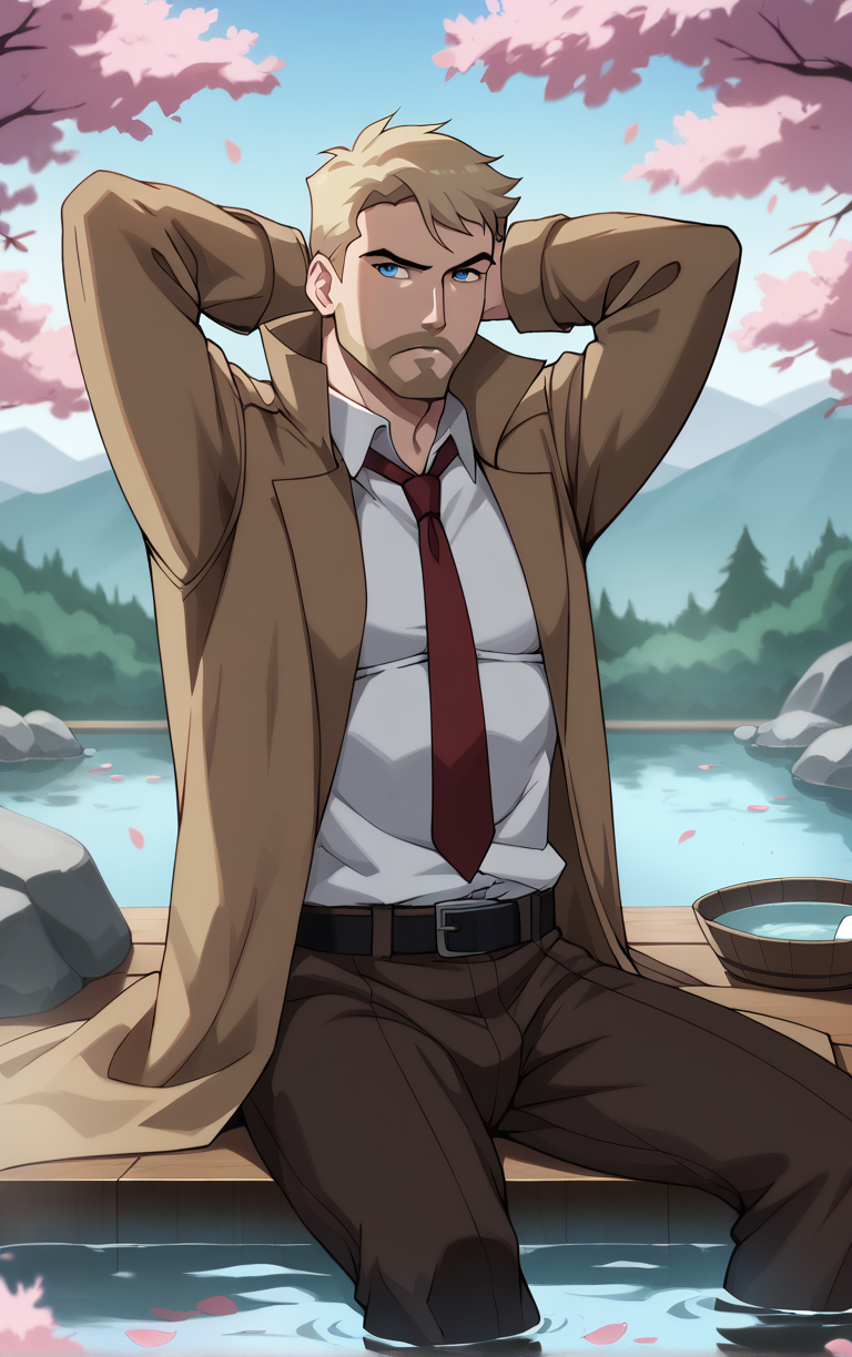 score_9, score_8_up, score_7_up, looking at viewer,  BREAK
DCAU_JL_JohnConstantine_ownwaifu, 
1boy, blonde hair, blue eyes, male focus, short hair, facial hair, mustache, 
red necktie, trench coat, white shirt, collared shirt, open coat, brown coat, belt, pants, coat, long sleeves, beard, brown jacket, formal, brown pants, popped collar, black belt, long coat
(sitting, soaking feet, arms behind head), onsen, mount fuji, cherry blossoms, falling petals, spring_(season), outdoors,<lora:PONYXL_DCAU_JL_JohnConstantine_ownwaifu:0.7>, depth of field, solo, Interesting Image, Captivating Image,