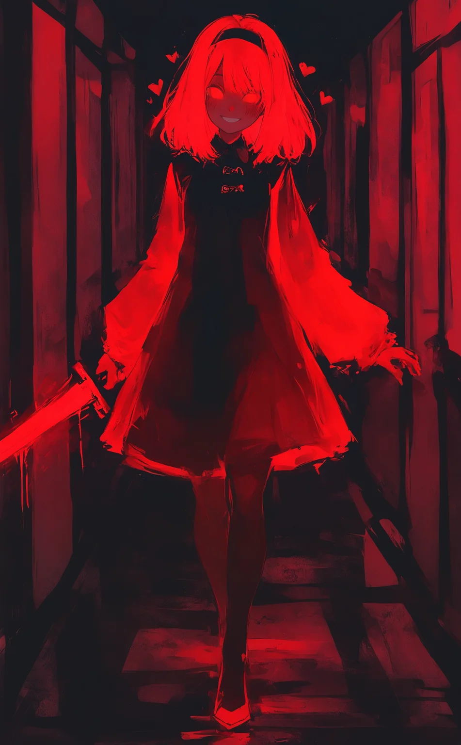 masterpiece, best quality, amazing quality, 1girl, solo, looking at viewer, smile, red eyes, dress, holding, full body, weapon, heart, pantyhose, hairband, indoors, medium hair, sword, holding weapon, glowing, holding sword, glowing eyes, walking, red theme, glowing weapon, hallway, Karinami Inkblush mode,thick ink outlines,soft marker gradients,era 2020s indie illustration,(Inkblush style:1.2), <lora:noobai_ep11_stabilizer_v0.138_fp16:0.3> <lora:XXX667:0.6> <lora:96YOTTEA-WAI:0.6> <lora:Karinami_Inkblush_mode_Illustrious_clean:0.5>
