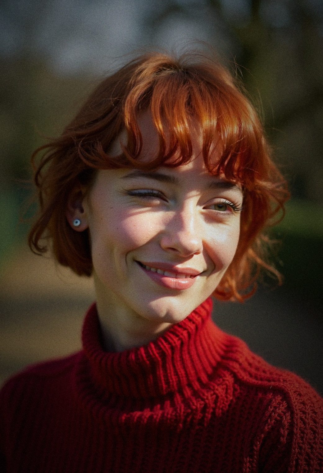 Professional photography, sunlight, 35mm film, sharp lens, shot from a low angle, closeup photo of a young woman wearing a red wool textured sweater with short red hair in London garden, side profile, candid smile, warmth in her expressive eyes.  Her green eyes catch the light in an appealing manner. The photo is a production still for a movie, the focus is sharp. Daytime spring garden, dirt obscuring the ground. Professional lighting and color grading for a clean sharp film look. Her face is evenly lit showing light freckles and natural skin imperfections and visible skin pores.