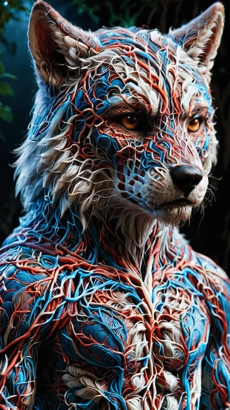 Renaissance style (yamer_veins, veins, guro), anthropomorphic, wolf, fur, furry, male, detailed tail, detailed fur, detailed face, perfect face, perfectly rendered face, correct eyes, brown eyes, brown hair, brown fur, hairstyles, detailed muzzle, detailed mouth, detailed fur, five fingers, proper hands, proper shading, proper lighting, detailed, detailed background, detailed foreground, solo focus, detailed character(s), high quality, (high res), hoodie, headshot, portrait, smile, closed eyes, closed eyed smile, realistic, perspective, light and shadow, religious or mythological themes, highly detailed, <lora:Veins_XL:1>