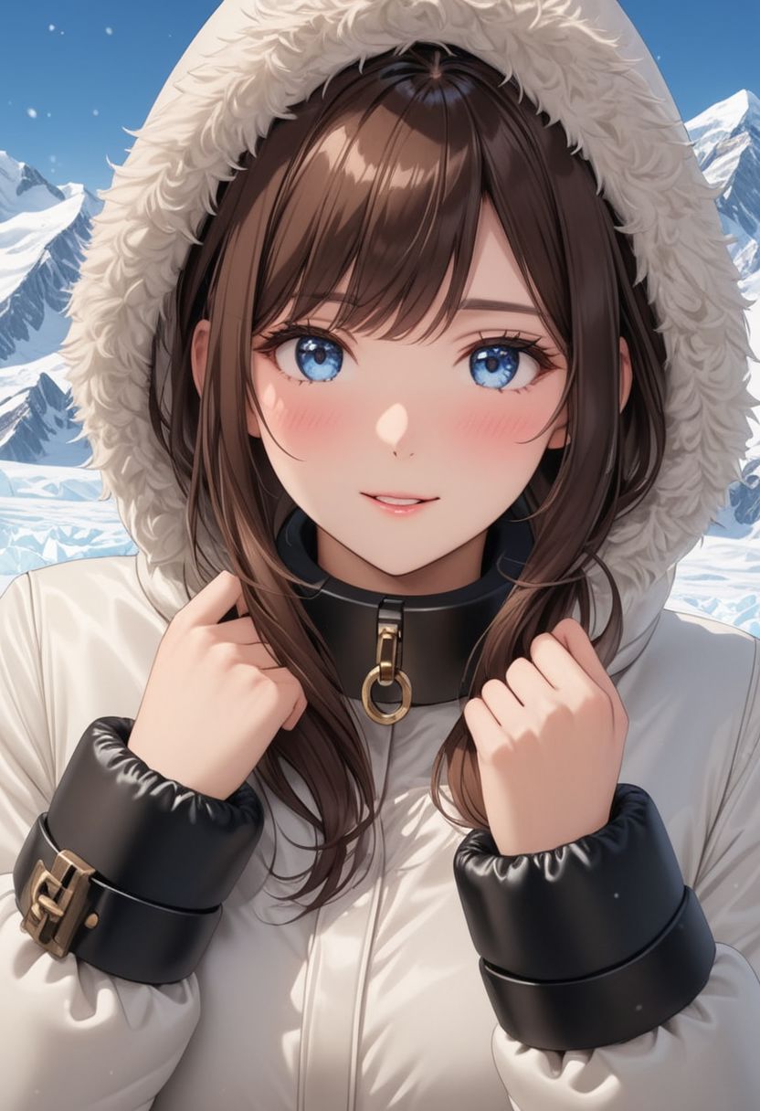 ((((white Oversized shearling down jacket)))), ((((white Oversized shearling puffer jacket)))), ((((white Oversized shearling winter clothes)))), ((((very very cold, in cold)))), ((((semi-realistic)))), ((((puffer hood)))), ((medium knee office skirt, pantyhose, boots)), ((((cowboy shot)))), ((sharp eyelid, eyeliner, eyelashes, beautiful detailed eyes, tsurime, long messy brown hair, blue eyes, perfect anatomy)), detailed fingers, solo, smile, standing, icefield, ((((masterpiece)))), ((((best quality)))), ((intricate details)), RAW, 8K UHD, (1girl), office lady, detailed face, beautiful face, charming, bonny, (((blush))), (((heavy breathing))), (((feels orgasm))), wind, (Thick padded collar:1.4), (TSH:1.4), (Thick padded cuffs:1.4)