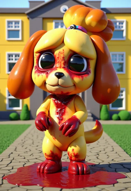 an image in the style of the tv show south park of A 3D-rendered isabelle (animal crossing), anthro-dog in a simple cartoon style with large plain eyes and a large round head. Simple and cute, standing in front of a yellow school building. The image has a terrifying contrast between the adorable isabelle antrho-dog and the cute cartoon surroundings, and the realistic blood coming from her eyes and covering her paws, pooling on the ground in front of her. The blood and eye lacerations should be rendered in extreme realistic detail making her an Ugly Cute monster creature
