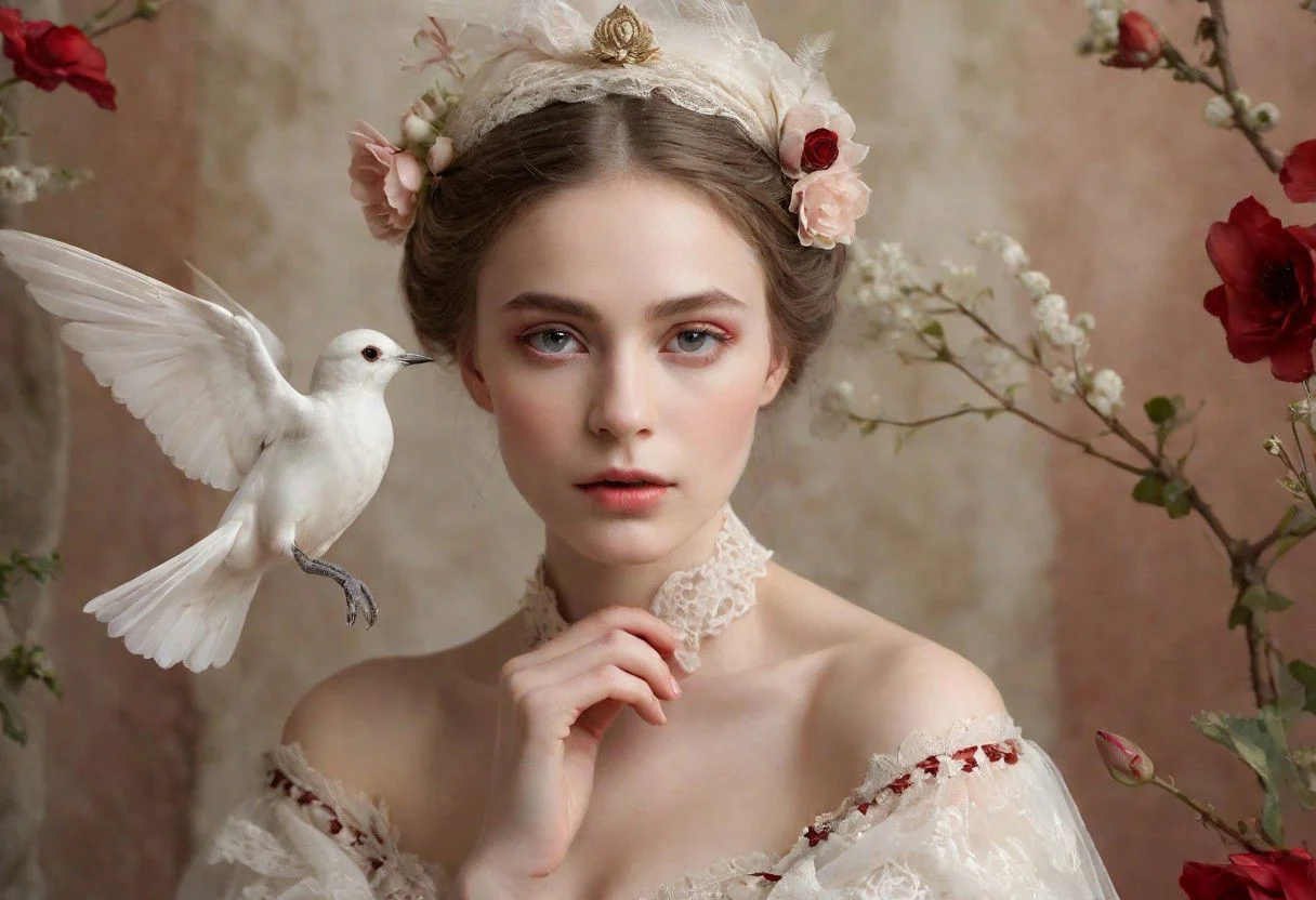 A hyperdetailed photograph of a woman in Victorian attire, featuring delicate lace details, soft ethereal tulle wrapped gracefully around her head, and an elegant white bird with outstretched wings perched on her shoulder. She gazes upward with a serene expression, her makeup highlighting her eyes with a subtle red accent, matching the bird's natural tones. The attire is adorned with intricate floral embellishments, contributing to the overall theme of refined grace. The lighting is soft and diffused, creating a harmonious balance of light and shadow that accentuates the textures and materials, providing a natural light, 35mm photograph effect, akin to film photography. The composition is professional, with a 4k resolution, highly detailed, and golden hour lighting with a depth of field F2, following the rule of thirds composition. epiCPhotoGasm-colorfulPhoto