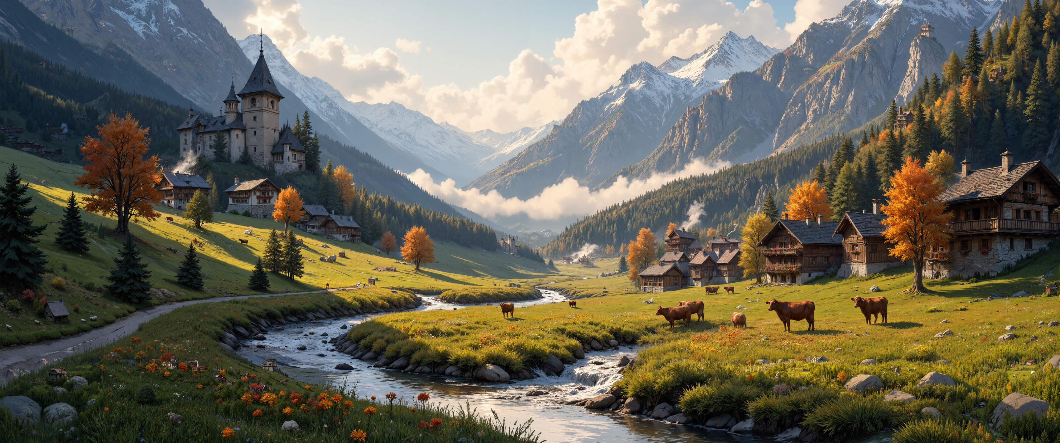 Charcoal and pastel drawing of Liechtenstein's Alpine valley at golden hour, dramatic Rhein River winding through lush meadows dotted with alpine wildflowers beneath towering limestone peaks. Medieval Vaduz Castle perches majestically on a forested ridge, silhouetted against snow-dusted mountains. Gentle mist hovers above emerald pastures where dairy cows graze peacefully. Traditional wooden chalets with flower-adorned balconies nestle in the valley floor, smoke curling from chimneys. Deciduous forests in autumn splendor create a patchwork of crimson and gold against dark evergreens. Atmospheric perspective renders distant mountains in soft blue hues, capturing the intimate scale of this microstate embraced by majestic Alps. Hyper-detailed, 8K, dramatic lighting. <lora:flux_floralizer:0.6> <lora:Ganin_II:0.7> <lora:Rainbow_on_black_style-000003:0.6> <lora:MysticFantasy:0.5> <lora:flux_dev:1>