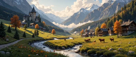 Charcoal and pastel drawing of Liechtenstein's Alpine valley at golden hour, dramatic Rhein River winding through lush meadows dotted with alpine wildflowers beneath towering limestone peaks. Medieval Vaduz Castle perches majestically on a forested ridge, silhouetted against snow-dusted mountains. Gentle mist hovers above emerald pastures where dairy cows graze peacefully. Traditional wooden chalets with flower-adorned balconies nestle in the valley floor, smoke curling from chimneys. Deciduous forests in autumn splendor create a patchwork of crimson and gold against dark evergreens. Atmospheric perspective renders distant mountains in soft blue hues, capturing the intimate scale of this microstate embraced by majestic Alps. Hyper-detailed, 8K, dramatic lighting. <lora:flux_floralizer:0.6> <lora:Ganin_II:0.7> <lora:Rainbow_on_black_style-000003:0.6> <lora:MysticFantasy:0.5> <lora:flux_dev:1>