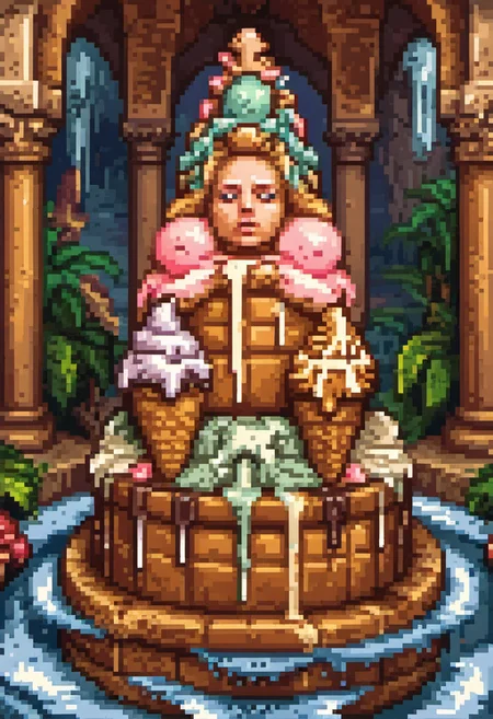 pixel art, digital art, A pantheon of melting ice cream deities seated on thrones made of waffle cones, their drips forming rivers of syrup below. The composition is inspired by Renaissance frescoes but rendered in hyperrealistic detail. The emotional tone mixes awe with absurdity, reflecting on the fleeting nature of pleasure and divinity.