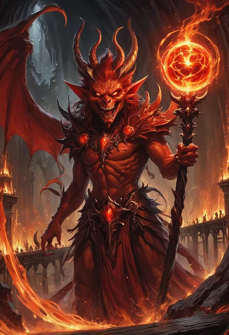 red demon imp, Close-up of a fantastic image of an imp demon standing holding an orbstaff while grinning with his vampire teeth, behind him were people crossing a long wooden bridge in the depths of hell, Dracula teeth, clad in flowing, flowing demon red dress, wielding an glowing Orbstaff ornate, ornate glowing Orbstaff, Their eyes are filled with power and determination, as they wield the orbstaff n a fluid, hellish atmosphere with roiling lava fire, lava, volcano, creepy, creatures, action pose, flying pose, awesome hell background, dynamic motion,