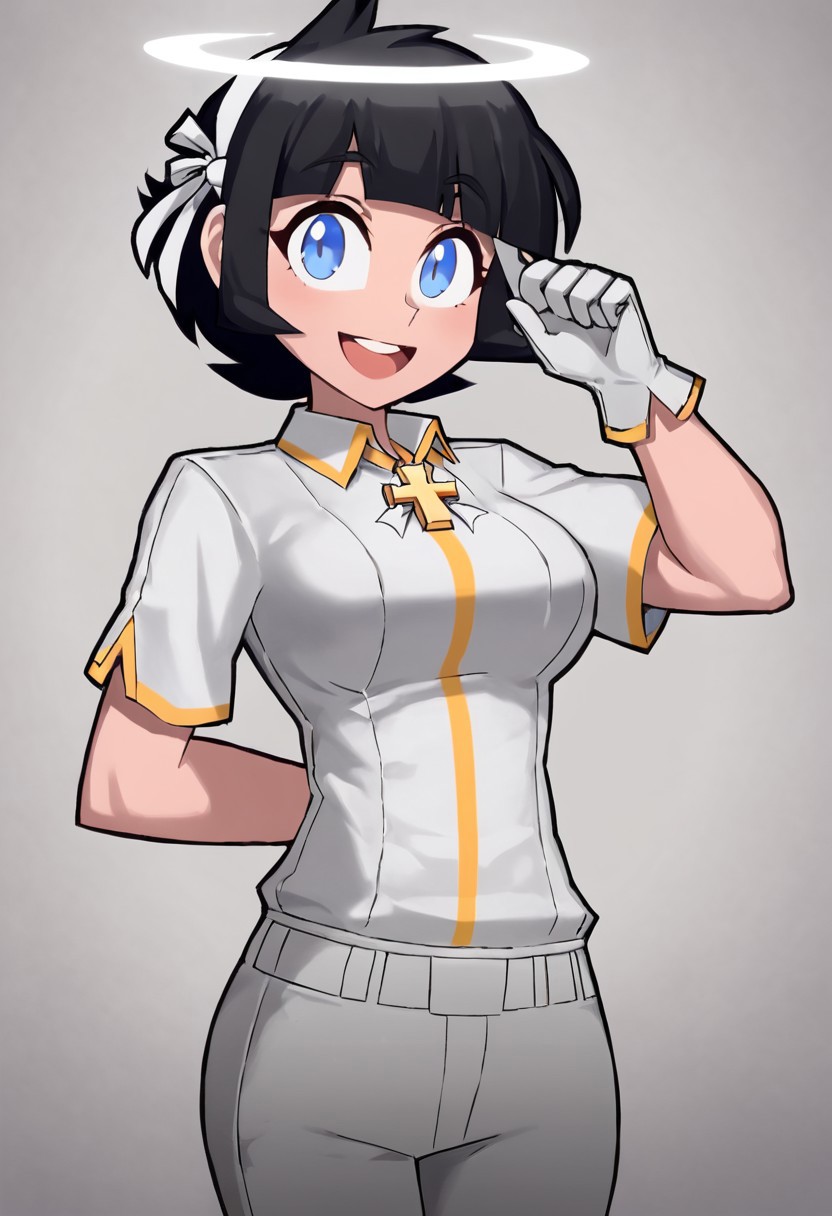 1girl, black hair, blue eyes, gloves, solo, halo, white gloves, pants, short hair, angel, shirt, arm behind back, hair ribbon, open mouth, smile, ribbon, white shirt, cross, Azazel heltaker, huge tits