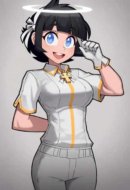 1girl, black hair, blue eyes, gloves, solo, halo, white gloves, pants, short hair, angel, shirt, arm behind back, hair ribbon, open mouth, smile, ribbon, white shirt, cross, Azazel heltaker, huge tits