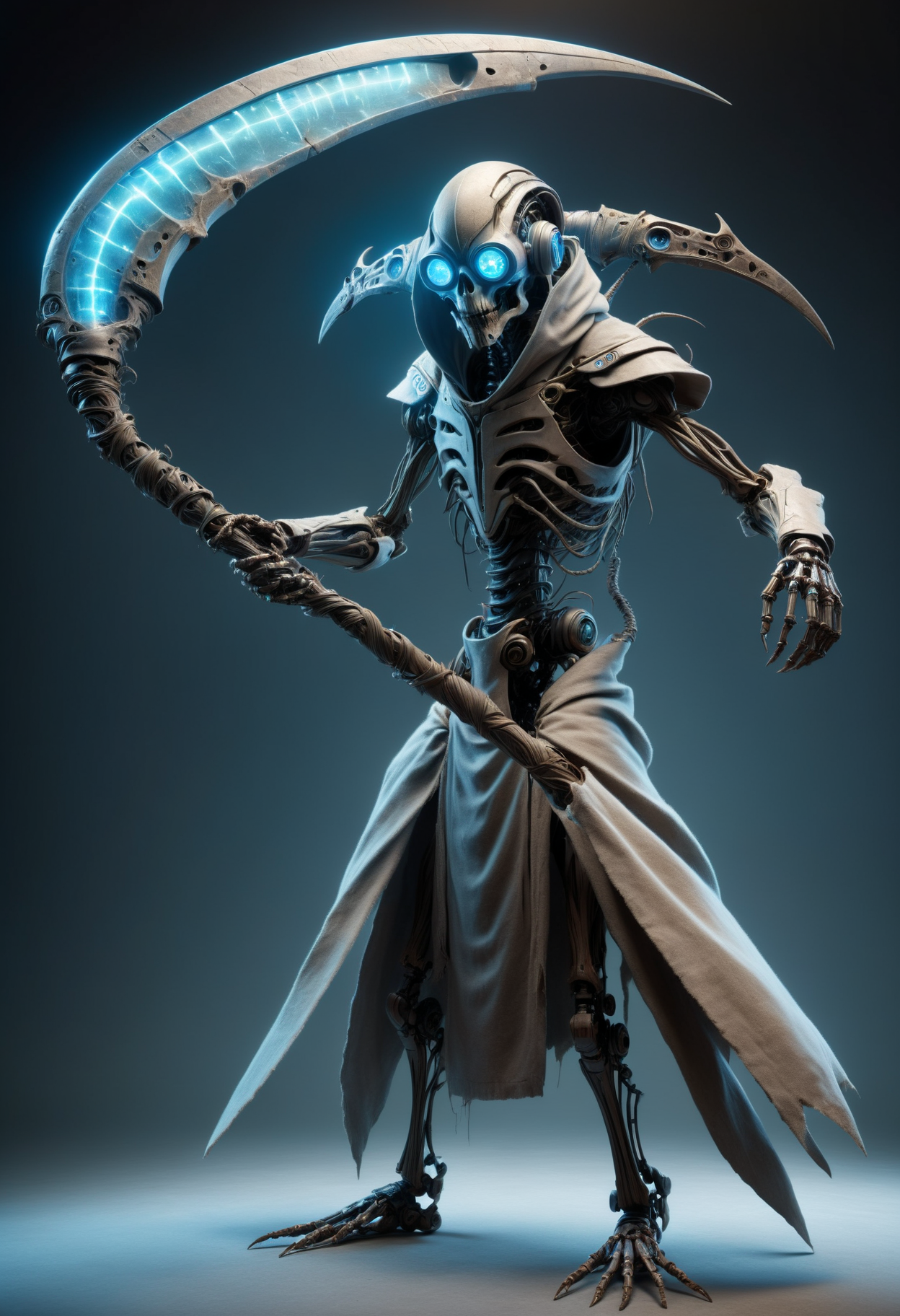 male robotics technician, insectoid specie- insect-like being with segmented exoskeletons, multifaceted eyes, and antennae, fifty-something strong, european, hazel eyes,   unique chin, blunt jaw,  receding forehead,  hourglass figure, , pastel blue short and messy hairstyle hair, trust, holding a weapon or energy blade for combat challenges.,  wearing cyberspace grid pattern    solar-powered synthetic    quinacridone coral levitating sarong, mindwave print    electroluminescent film    gamboge robotic trench coat, virtual reality slippers, thermal-regulating beanie, , holding or channeling glowing energy orbs or constructs., futuristic interiors, ai-generated art and literature indistinguishable from human works holding a DonM5cy7h3XL scythe, single blade  <lora:DonM5cy7h3XL-v1.1-000006:0.8>