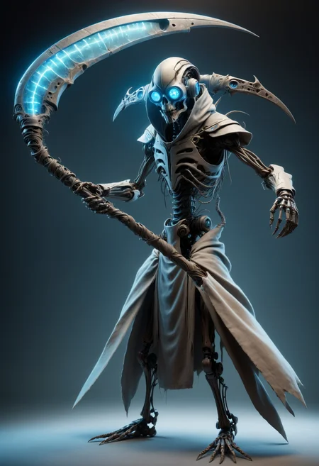 male robotics technician, insectoid specie- insect-like being with segmented exoskeletons, multifaceted eyes, and antennae, fifty-something strong, european, hazel eyes,   unique chin, blunt jaw,  receding forehead,  hourglass figure, , pastel blue short and messy hairstyle hair, trust, holding a weapon or energy blade for combat challenges.,  wearing cyberspace grid pattern    solar-powered synthetic    quinacridone coral levitating sarong, mindwave print    electroluminescent film    gamboge robotic trench coat, virtual reality slippers, thermal-regulating beanie, , holding or channeling glowing energy orbs or constructs., futuristic interiors, ai-generated art and literature indistinguishable from human works holding a DonM5cy7h3XL scythe, single blade  <lora:DonM5cy7h3XL-v1.1-000006:0.8>