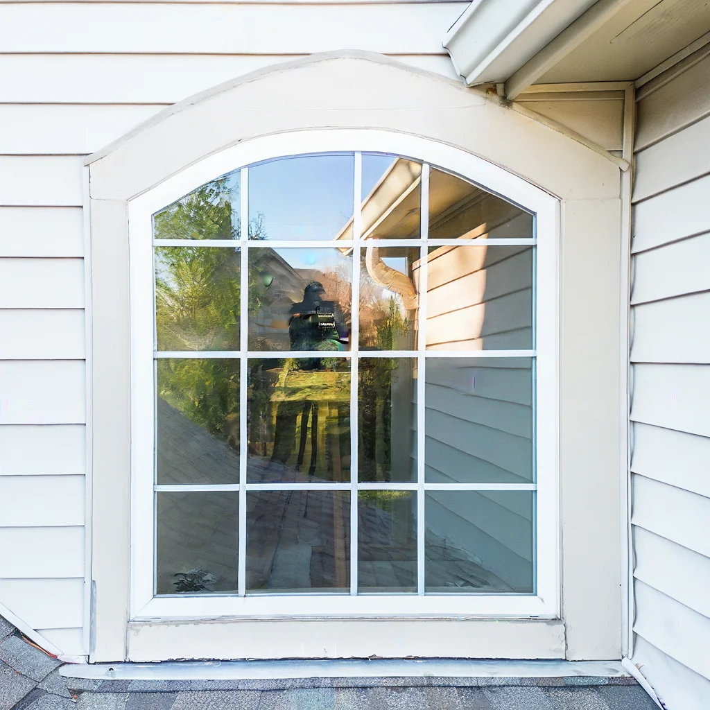 An exterior shot of an arched window with a grid pattern, reflecting the surrounding environment. The window reflects a silhouette of the photographer, trees, and parts of neighboring houses under bright sunlight. The house features white siding and a clean, well-maintained look. The reflection in the window is sharp, capturing the essence of the suburban neighborhood. The play of light and shadow highlights the architectural details, including the white trim and gutter, creating a dynamic, visually interesting image that contrasts interior and exterior spaces.