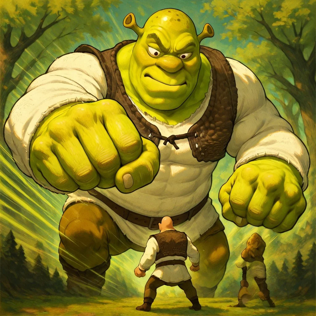 masterpiece, best quality, newest, absurdres, highres, anime, anime style, OPMSP-V1.1, punching, incoming punch, incoming attack, clenched hand, 1boy, shrek, bald, green skin, brown vest, white shirt, brown belt, pants, muscular, battle, size difference, giant,
2boys, multiple boys,