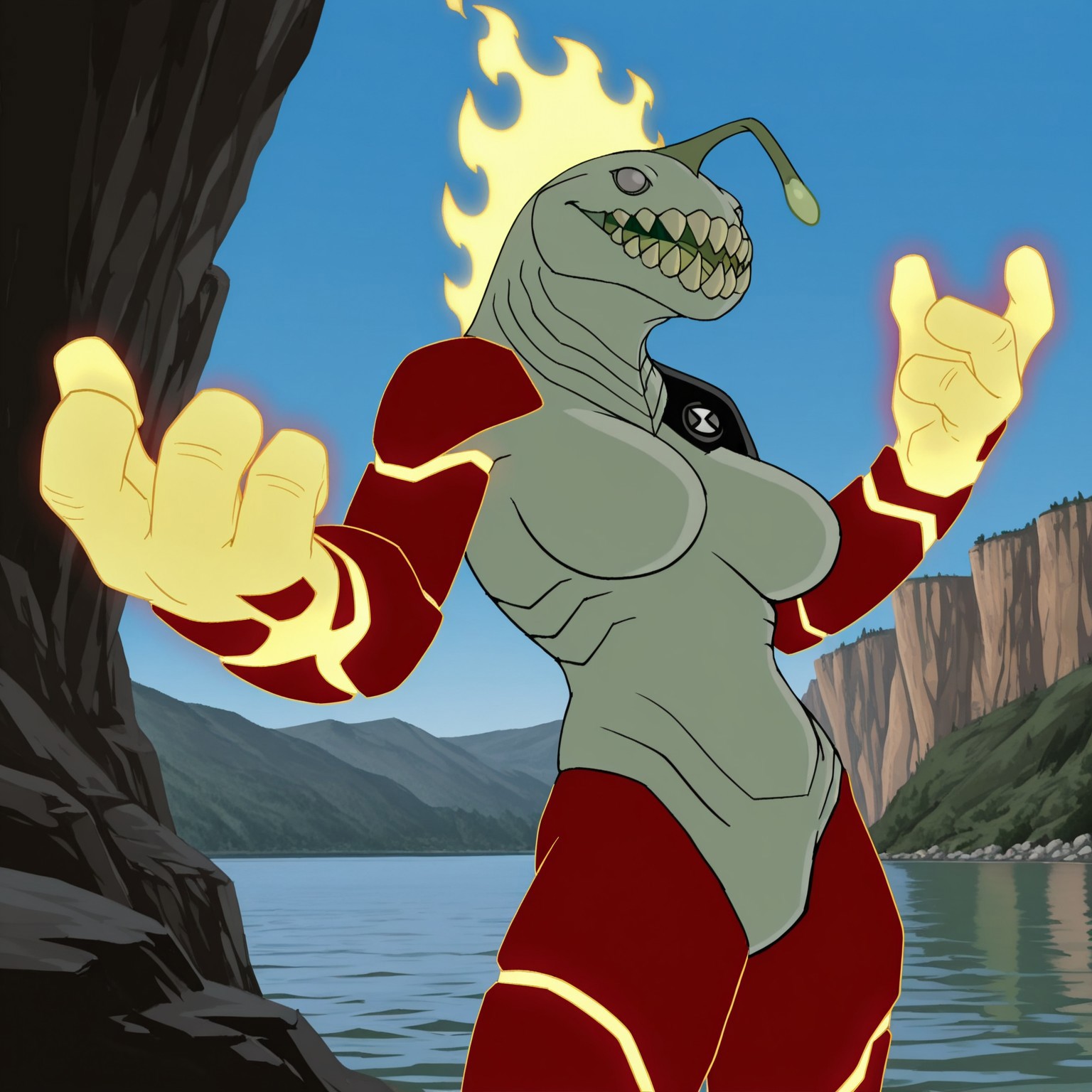 8k, uncensored, masterpiece, best quality, highly detailed, realistic, 1girl, solo, HeatJaws, furry, anthro, marine, amphibian, fire elemental, hybrid, green esca, grey sclera, no pupils, gills, light-green body, sharp teeth, big teeth, olive-green tongue, red arms, glowing hands, red legs, black shoulder pad, black waistwear, upper body, open mouth, (looking at viewer, standing, cliff, gravel, lake, cliff edge, afternoon, blue sky, detailed background, front view, (fire from hands, fiery hands), smile, (big breasts, featureless breasts, beckoning), light-yellow hands, featureless crotch, (((4 fingers)))