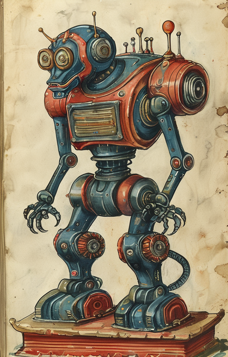 masterpiece,best quality,<lora:tbh207-sdxl:0.9>,illustration,style of Aberdeen Bestiary portrait of Housework robots