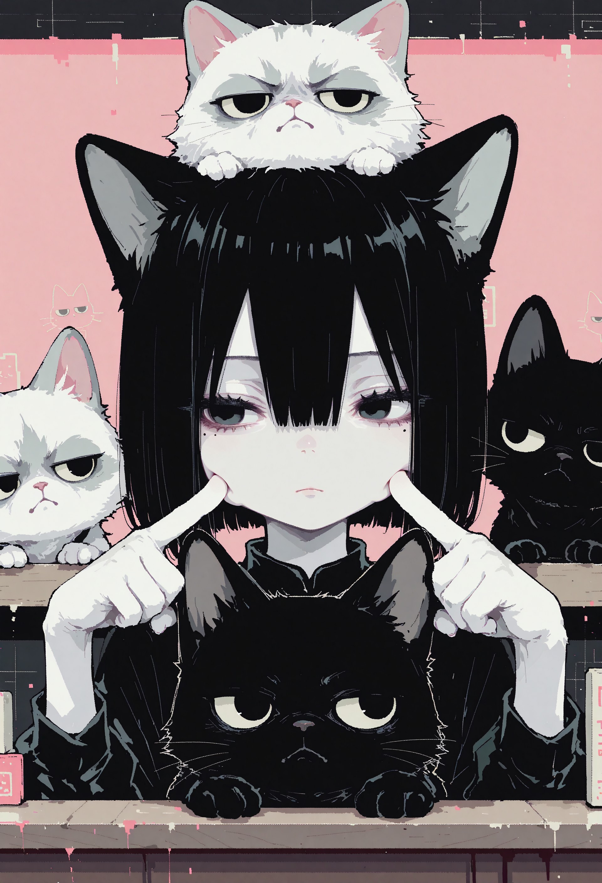 1girl, solo, black hair, bob cut, hair between eyes, solid black eyes, detailed eyes, looking to the side, mole under eye, head support, head on counter, expressionless, pale skin, straight on, close up, animal focus, grumpy cat, black cat,cat on head, paw on another's cheek, (cheek poking:1.1), pink dithering background, chromatic aberration,dithering,pixel art, no lineart, no outline, blending, flat color,15546+456868, r17329_illu,S4bit4mago_illu