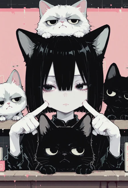 1girl, solo, black hair, bob cut, hair between eyes, solid black eyes, detailed eyes, looking to the side, mole under eye, head support, head on counter, expressionless, pale skin, straight on, close up, animal focus, grumpy cat, black cat,cat on head, paw on another's cheek, (cheek poking:1.1), pink dithering background, chromatic aberration,dithering,pixel art, no lineart, no outline, blending, flat color,15546+456868, r17329_illu,S4bit4mago_illu