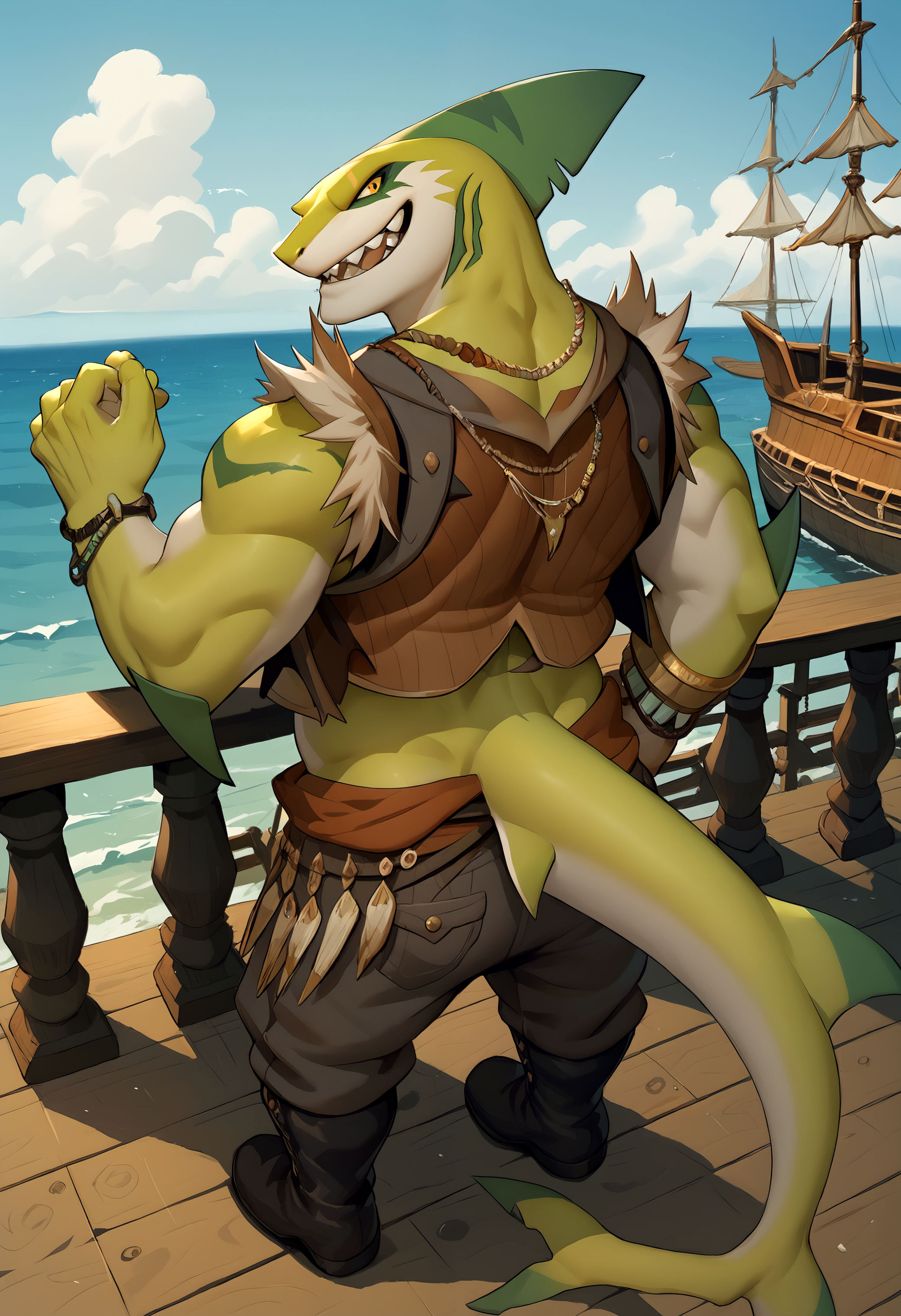 score_9, score_8_up, score_7_up, 8k, detailed design, detailed background, detailed characters, masterpiece, anthro only, furry only,  <lora:garold-000002>, garold, bara, boots, shark, necklace, pants, polearm, tail, green skin, sharp teeth, vest, bracelet, furry male, jewelry, weapon, 1boy, looking at viewer, close up, arms rest, back view, looking back,  outside, port, wooden ship,