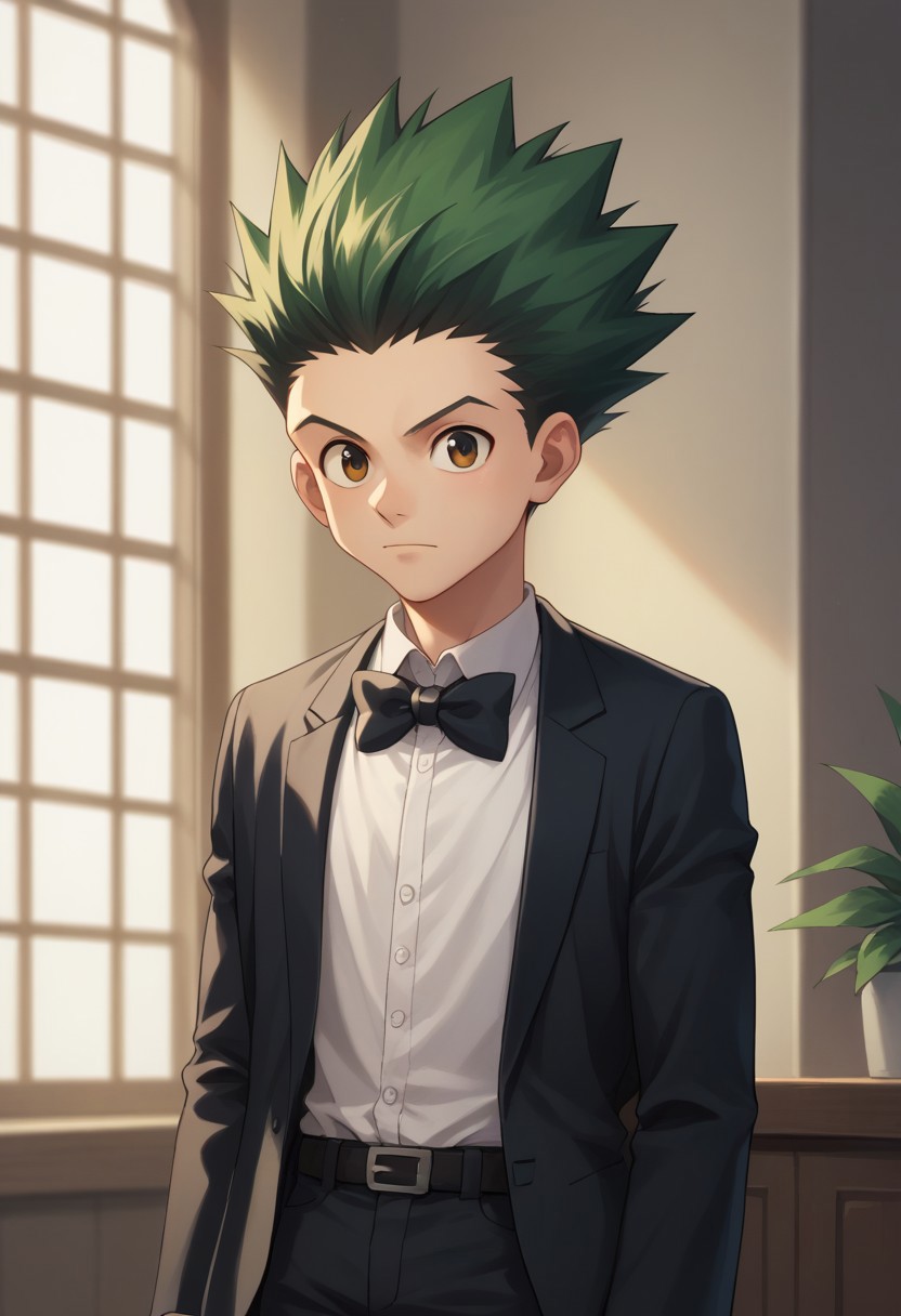 score_9, score_8_up, score_7_up, source_anime, highly detailed,
gonfreecs, solo, 1boy, male focus, green hair, spiked hair, formal, suit, bow, bowtie, shirt, white shirt, collared shirt, black jacket, black pants, upper body,
indoor