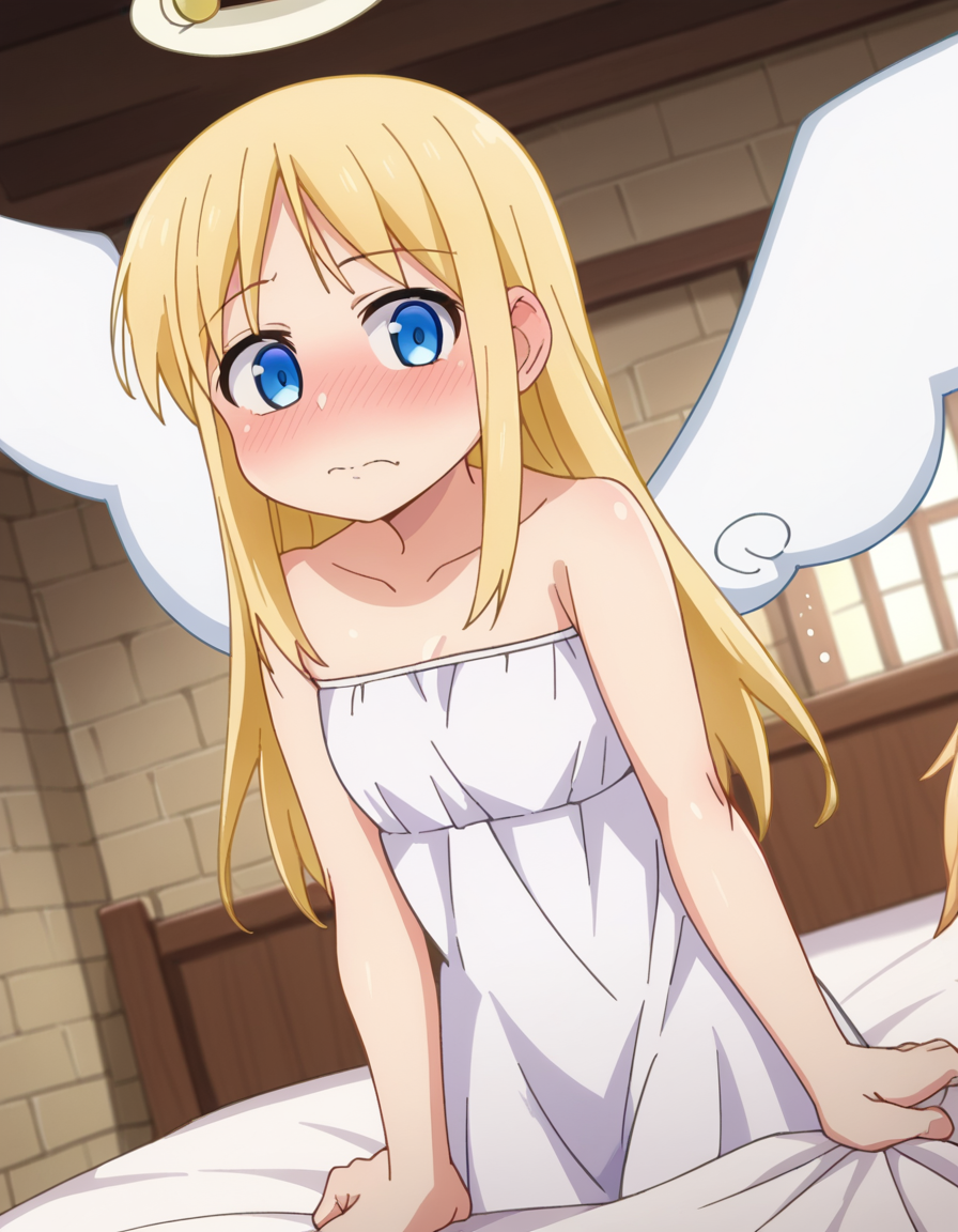 score_9, score_8_up, score_7_up, source_anime,
crimvael, <lora:crimvael-ponyxl-lora-nochekaiser:1>
crimvael, long hair, blue eyes, blonde hair,
dress, bare shoulders, collarbone, wings, white dress, strapless, halo, strapless dress, angel wings, white wings, angel,
indoors, bed, bed room, on side, blush, drunk,
looking at viewer, dutch angle, cowboy shot,