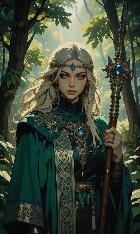serene woodland setting, elven priestess with flowing silver hair, glowing emerald eyes. wearing moss green robes with silver embroidery, intricate Celtic knot patterns. soft, ethereal glow surrounding her, enhancing her spiritual presence. adding delicate leaf-shaped earrings and a silver headband with a sapphire gem. holding a staff adorned with vines and crystals, natural beauty in her serene expression. beams of sunlight filtering through dense forest canopy, creating dappled patterns of light and shadow. emphasizing texture of soft velvet and shimmering satin of her robes, detailed fabric patterns and handcrafted jewelry. (masterpiece, 8k resolution, intricate detail, radiant lighting, soft focus on background elements) <lora:Comic book opus 3:0.6> <lora:Memadukan_Brush_Strokes_of_Fineart:0.3> <lora:FluxMythG0thicL1nes:0.7> <lora:flux.1_lora_flyway_Epic-detail_v2:0.4> <lora:NeonFantasyPrimeFLUX-000049:0.9> <lora:flux_dev:1>