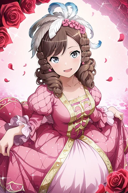 masterpiece, best quality, amazing quality,
<lora:Koharu_IL:1> koharu, 1girl, flower, brown hair, solo, dress, rose, hair ornament, feathers, open mouth, smile, petals, looking at viewer, sparkle, pink dress, long sleeves, breasts, curly hair, skirt hold, blue eyes, puffy sleeves