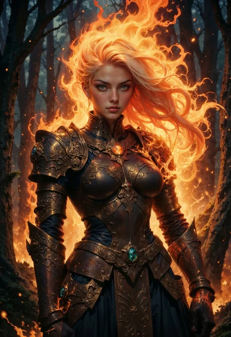 a female warrior with fiery elements. She stands in a forest setting, surrounded by trees with a dark, moody atmosphere. Her skin is pale, and her facial features are sharp and defined, with glowing orange eyes that match the flames. Her hair is a vibrant, flowing fire, adding dynamic movement to the scene. She wears intricately designed armor with ornate patterns, primarily in dark metallic tones, accented with gold. A prominent jewel is embedded in the chest piece, glowing with an inner light. The armor is detailed with elaborate engravings, and the overall color palette includes deep browns, golds, and fiery oranges. The background is blurred, focusing attention on the subject, with small embers floating around, enhancing the fiery theme.