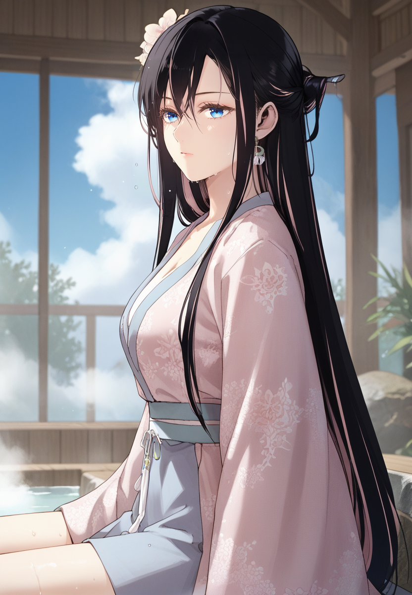 zPDXL3, score_9_up, score_8_up, score_7_up, (Anime_source),Masterpiece,(perfect female body:1.2), small waist, (incredibly detailed:1.4), slim, beautiful fingers, beautiful white skin, Beautiful clear skin, (large breasts:1.4)  thighs, bathrobe, sitting in hot tub, cowboy shot, wet, looking at viewer, from side, big breasts, ass, perfect ass,   nayerin, 1girl, black hair, pink hair, multicolored hair, blue eyes, long hair, hair ornament <lora:Na_Yerin_-_Masters_of_Lightning_Knives-Kaleid_PONY:0.9>, hair flowers, expressionless,