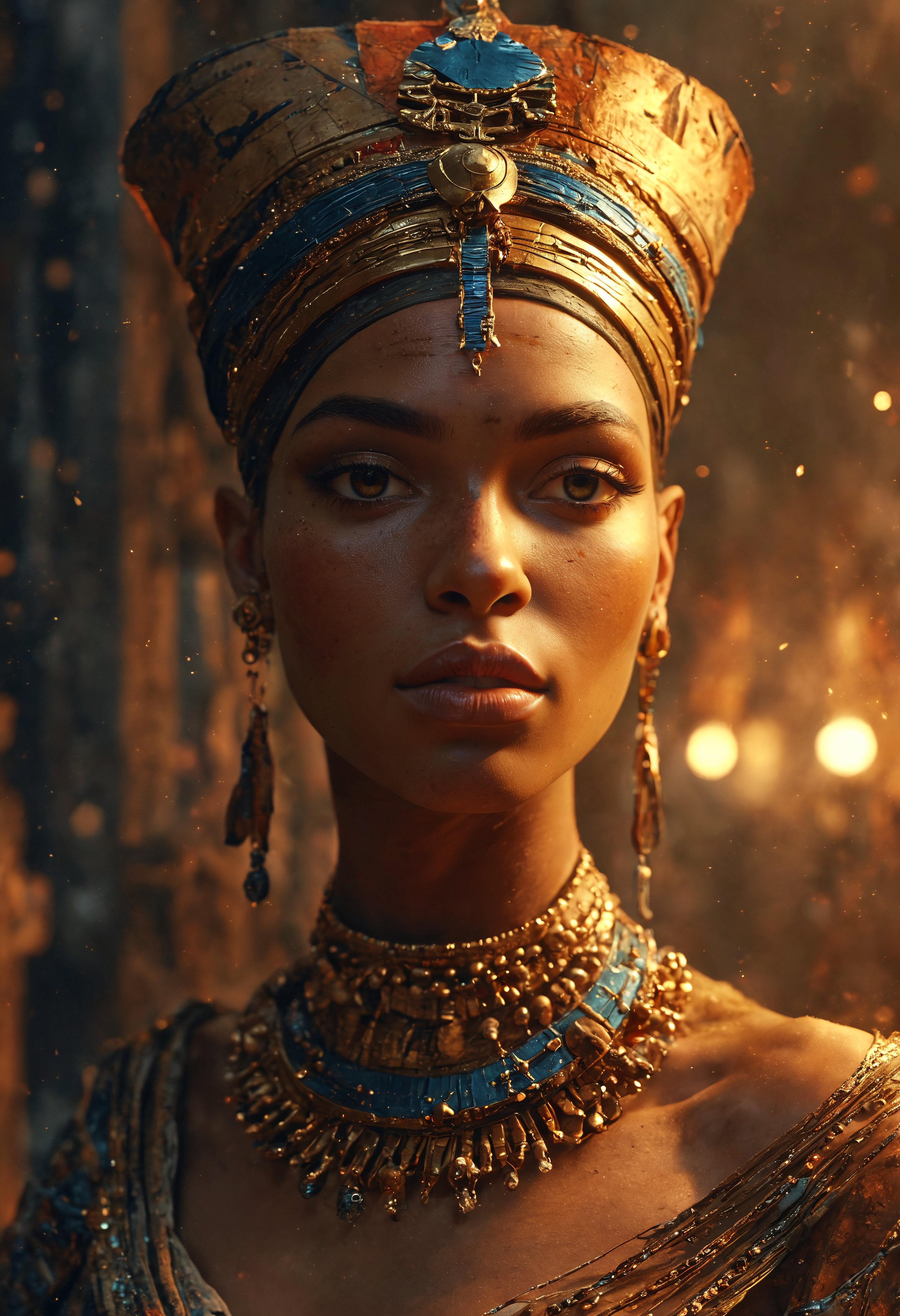 Queen Nefertiti, African Woman, dark skinned, beautiful, highly detailed, vibrant, shiny ornaments, magical atmosphere, dust particle glow, reflections, rim lighting digital art, trending on artstation <lora:add-detail-xl:1>  <lora:MJ52:0.5>