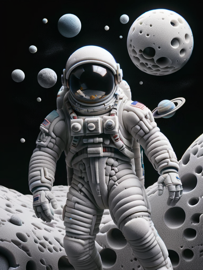 a surreal scene of a astronaut floating in space, with planets and stars also in ral-fittingfoam, dynamic, cinematic, masterpiece, intricate. Cyber aesthetic <lora:ral-fittingfoam:1> ral-fittingfoam