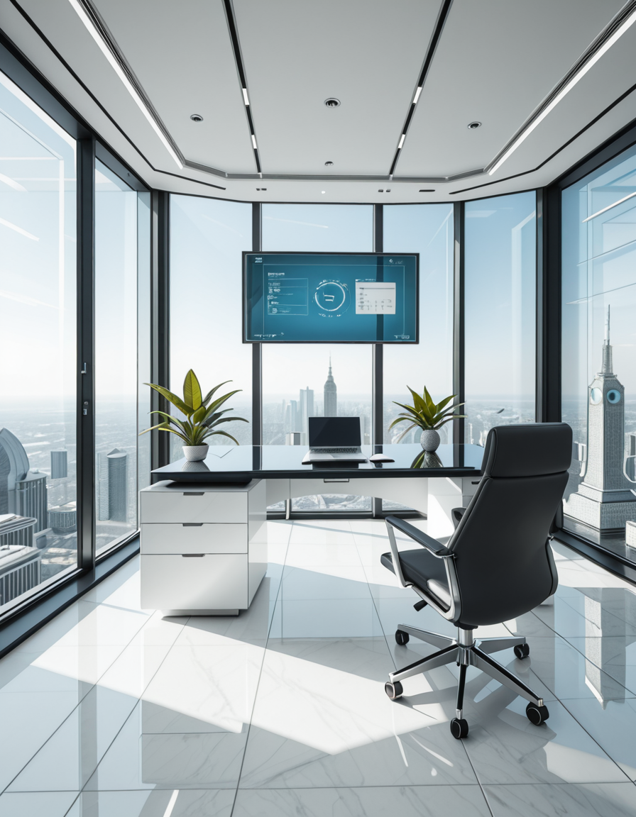 A modern, luxurious executive secretary's office located at the top floor of a futuristic skyscraper. The office has floor-to-ceiling glass walls offering a breathtaking panoramic view of a bustling metropolis under a clear blue sky. Inside, the design is ultra-minimalist and high-tech, with sleek white furniture, a glossy black desk with an integrated digital interface, and an ergonomic designer chair in matte gray leather. There are a few elegant green plants strategically placed for a touch of nature. A thin holographic screen hovers above the desk, displaying schedules and emails. The lighting is bright but soft, coming from recessed LED strips in the ceiling and natural sunlight pouring in. The atmosphere feels calm, professional, and cutting-edge, reflecting the spirit of a powerful tech company. In the background, a subtle artistic sculpture and a minimalist clock complete the decor.
<lora:SDXLFaeTastic2400:0.4> <lora:extremely_detailed:0.4> extremely detailed,secretary 0ff1c3, <lora:secretary_0ff1c3_r1-i:1>, Masterpiece,best quality,hi res,8k,hi res,8k,award winning,(sharp focus, intricate, highly detailed),