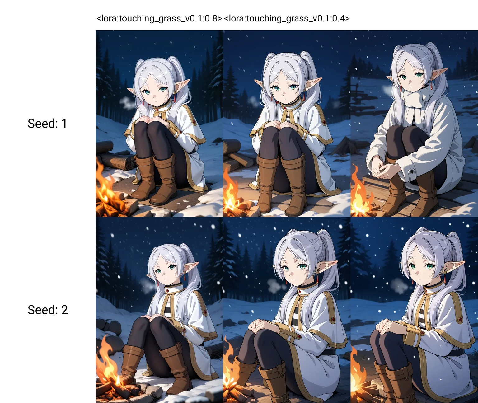 <lora:touching_grass_v0.1:0.8>1girl,solo,frieren,sitting,night,campfire,green eyes,white hair,looking at viewer,snowing,