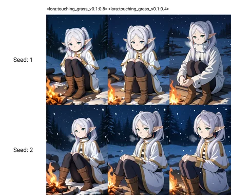 <lora:touching_grass_v0.1:0.8>1girl,solo,frieren,sitting,night,campfire,green eyes,white hair,looking at viewer,snowing,