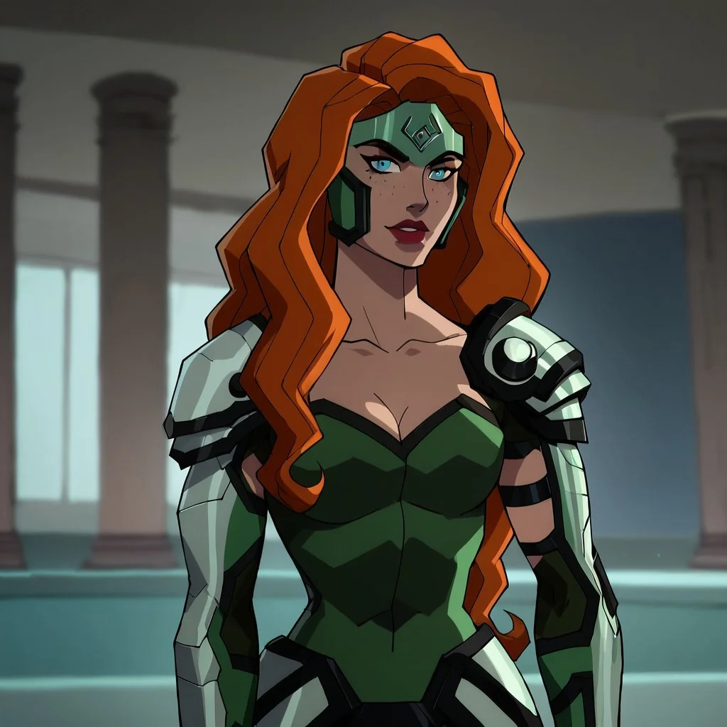 score_9, score_8_up, score_7_up, 1girl, solo, lipstick, orange hair, long hair, freckles, blue eyes, cleavage, fingerless gloves, headpiece, armor, leotard, Knockout (dc), looking at viewer, indoors