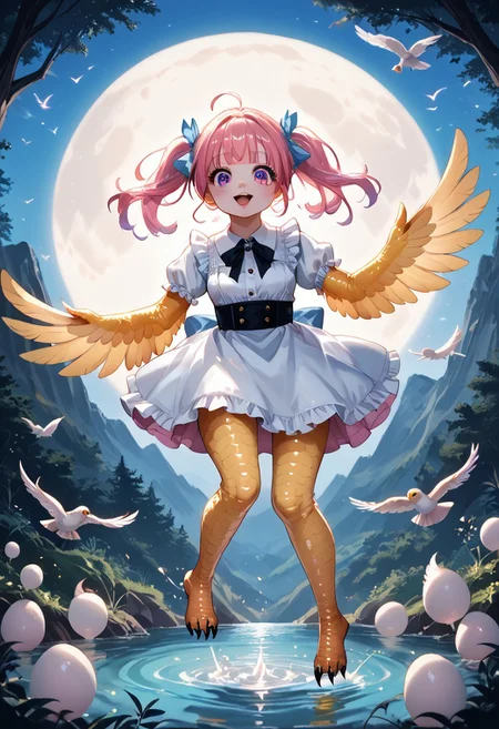8K, best quality, best resolution,score_9,score_8_up,score_5_up,score_7_up,score_6_up,best quality,source_anime,winged arms, harpy,white dress,big eyes,detailed eyes,detail1eye,EyesHD,detailed face,BREAK,outside,mountain background, flying in mid-sky,pastel lighting effect,light beam,full body,moon,night,