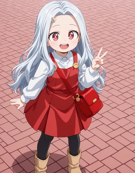 ultra-detailed, ultra-detailed eyes, ultra-detailed fingers, ultra-detailed hands, anime screencap, anime coloring, round face, cute face, cute, adorable, moe, outdoors,
1girl, Eri, child, white hair, long hair, red eyes, light pupils, single horn, red dress, white shirt, long sleeves, black leggings, beige boots, red purse,
v, legs apart, open mouth,
<lora:spo_sdxl_10ep_4k-data_lora_webui_482964:1>, <lora:add-detail-xl:1>, <lora:Eri_-_My_Hero_Academia__Boku_no_Hero_Academia_-_Illustrious:1>,
masterpiece, best quality, amazing quality, very aesthetic, absurdres,