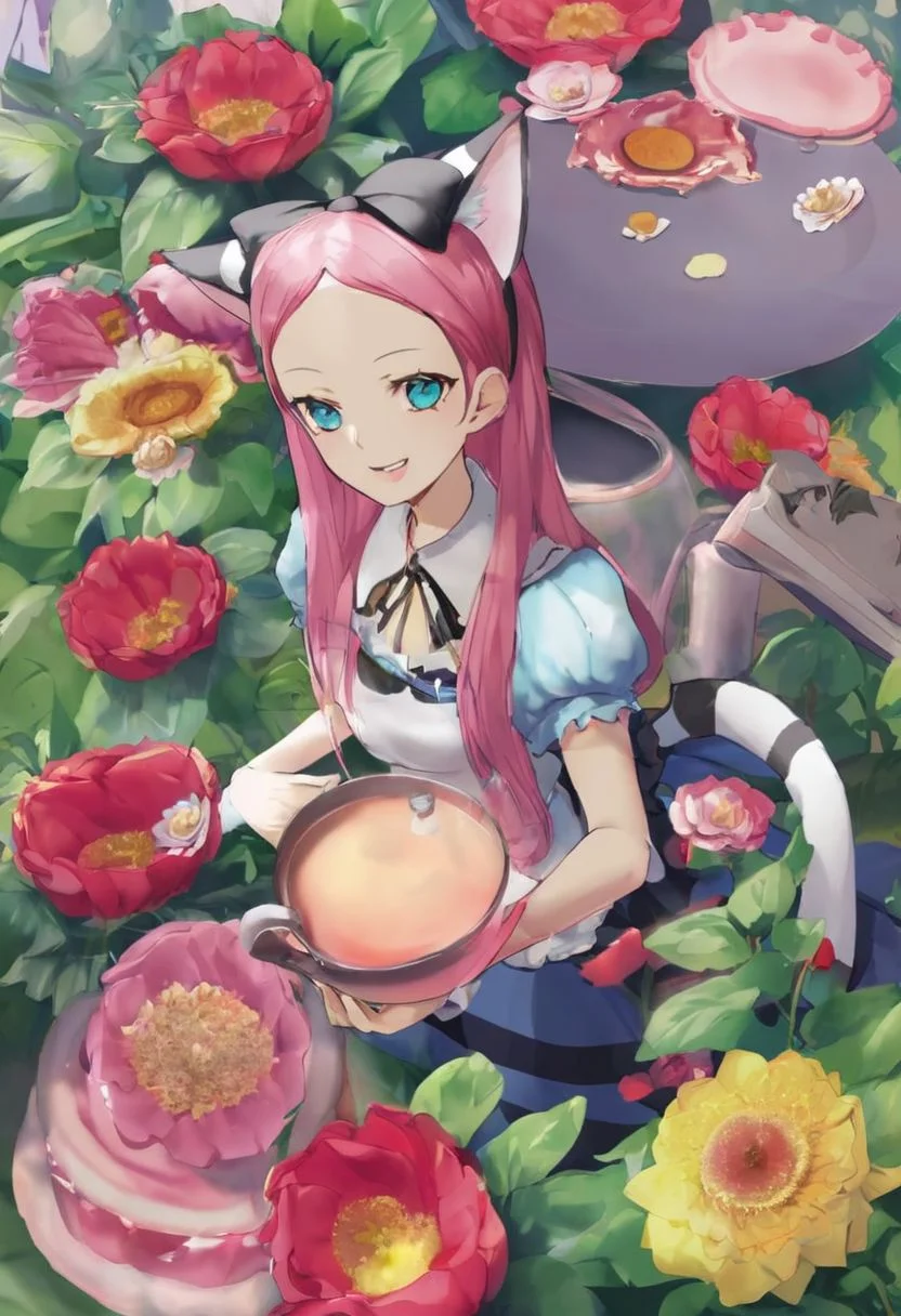 ral-embroideredpatch, Create a high-quality, hyper-detailed image of Alice from Alice in Wonderland having tea with the Mad Hatter and the Cheshire Cat. The scene should be rendered in an embroidered style, with intricate stitch details. Use vibrant colors to highlight the whimsical nature of the characters and setting. The composition should show Alice, the Mad Hatter, and the Cheshire Cat at a tea table, surrounded by a lush garden. Render the scene in 8K resolution