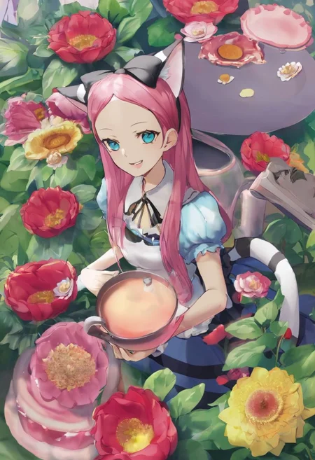 ral-embroideredpatch, Create a high-quality, hyper-detailed image of Alice from Alice in Wonderland having tea with the Mad Hatter and the Cheshire Cat. The scene should be rendered in an embroidered style, with intricate stitch details. Use vibrant colors to highlight the whimsical nature of the characters and setting. The composition should show Alice, the Mad Hatter, and the Cheshire Cat at a tea table, surrounded by a lush garden. Render the scene in 8K resolution