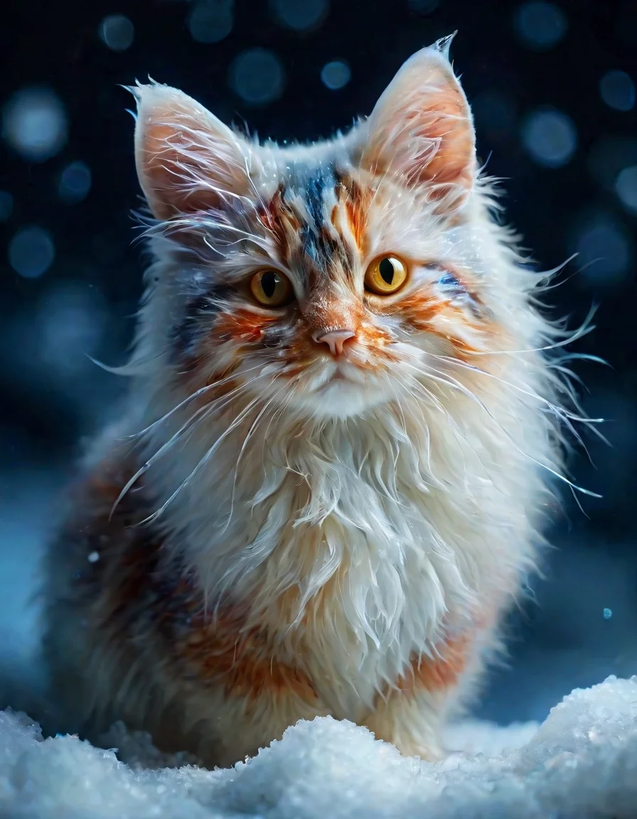 colorful art stylized by Ross Draws, art nouveau art, ([Norwegian Forest Cat| Gyarados]:1.1) , Winter, shallow depth of field, night photography, artistic representation of marine life, <lora:sdxl_lightning_8step_lora:1>, <lora:ral-milkyglass:0.95> made out of ral-milkyglass, highly detail, shiny, delicate, holy, complex, magnificent