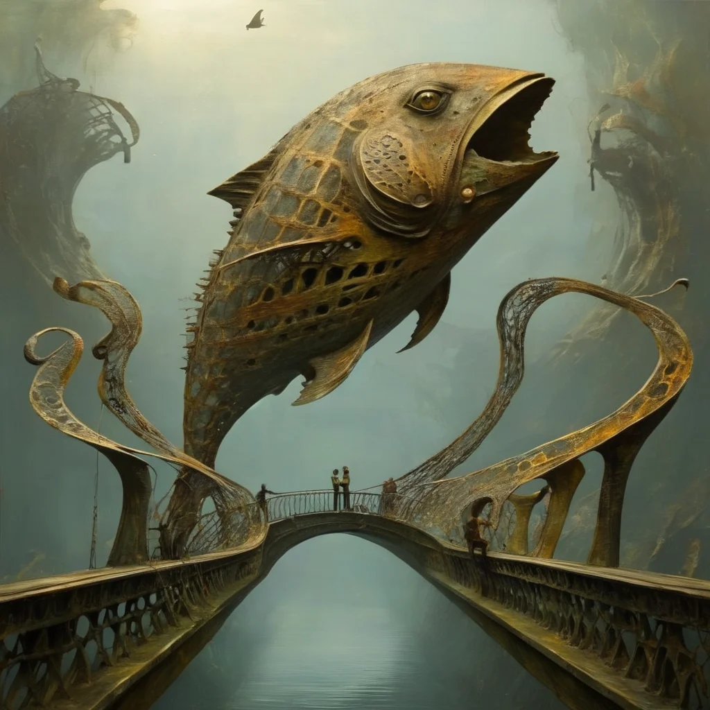 ethereon lovers on the bridge and the giant piranha, very detailed <lora:ethereon:1>