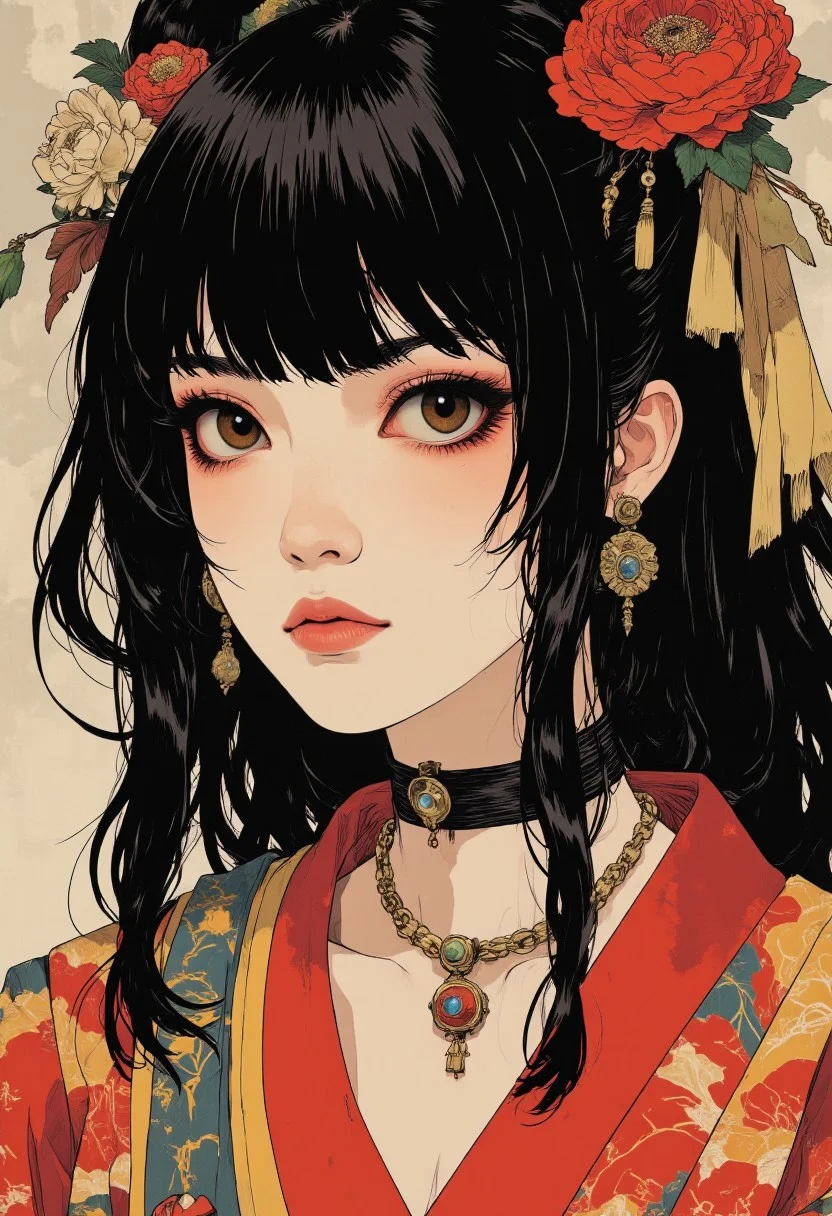 in the style of cksc, closeup portrait of Japanese shrine maiden, long loose hair, bangs, earrings, necklaces, red and blue yukata, dark eyeshadow, red lips