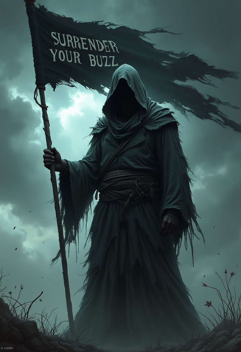 A gothic character design featuring a mysterious hooded figure holding a black flag with a text "SURRENDER YOUR BUZZ TO ME", draped in torn, flowing robes, standing before a stormy sky. The figure is silhouetted against a background of dark, ominous clouds with streaks of light breaking through. The overall mood is one of power and mystery, with a sense of an impending storm.
sharp detail, intricate detail,